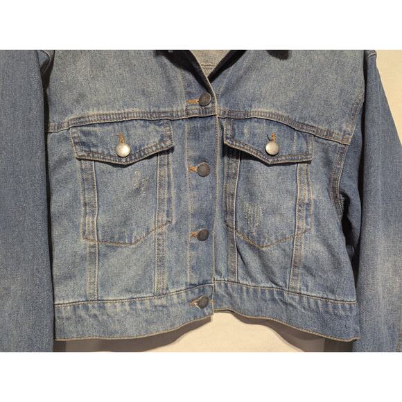 Francesca's Mi ami Womens Cropped Blue Denim Jean Jacket L Distressed Country - Picture 4 of 4
